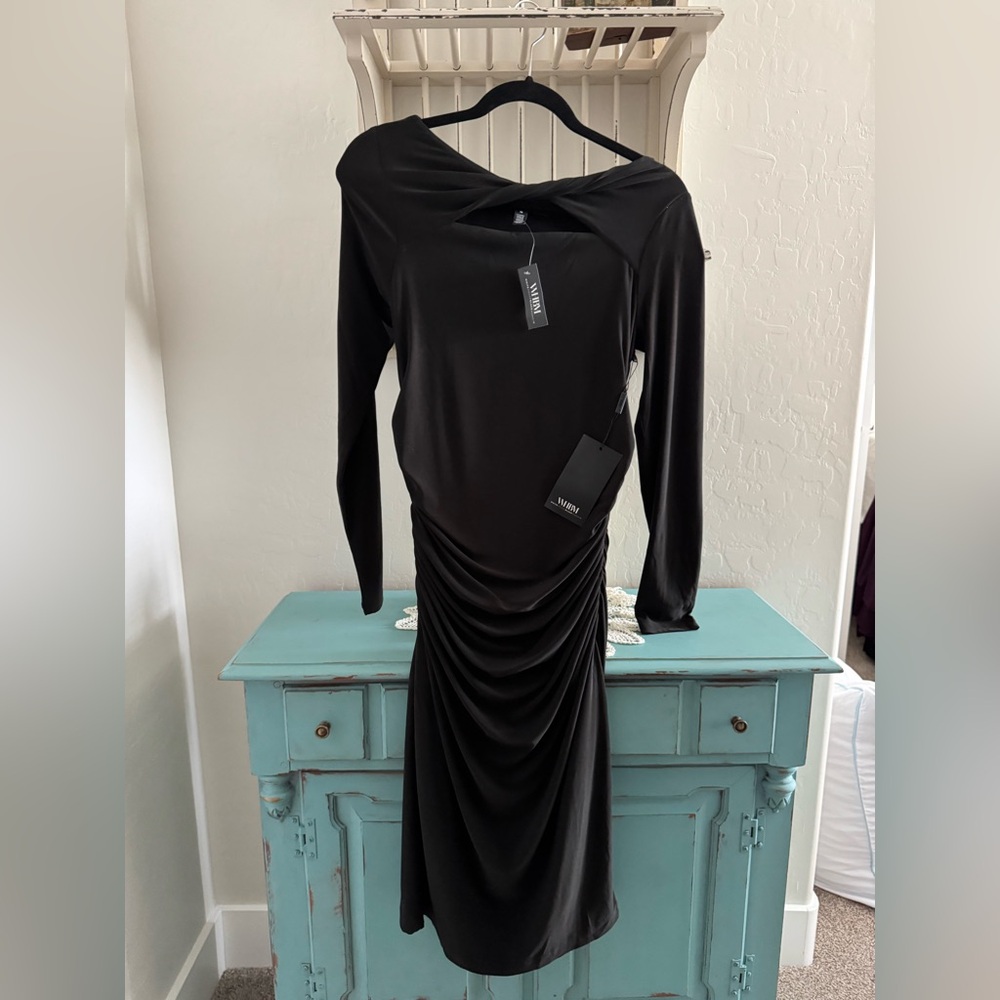 White House Black Market Black Long-Sleeve Ruched Draped Dress